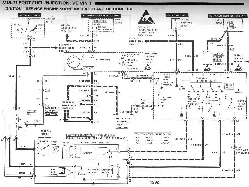 diagram_1992_multi-port_fuel_injection_V6_vinT_ignition_and_SES_and_tachometer